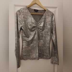 Bebe Long Sleeve Silver Metallic Dressy Top ~ Size M